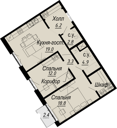 68,2 м², 2-комн. квартира, 6/8 этаж