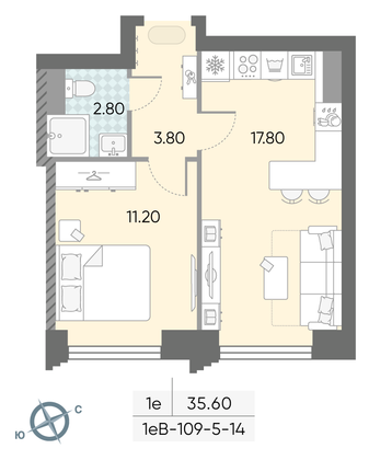 Продажа 1-комнатной квартиры 35,6 м², 11/58 этаж