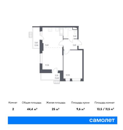 44,4 м², 1-комн. квартира, 7/25 этаж