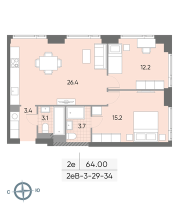 Продажа 2-комнатной квартиры 64 м², 34/52 этаж