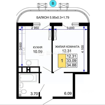 Продажа 1-комнатной квартиры 34,9 м², 11/24 этаж