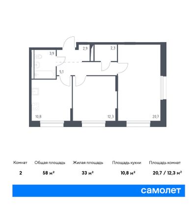 58 м², 2-комн. квартира, 3/11 этаж