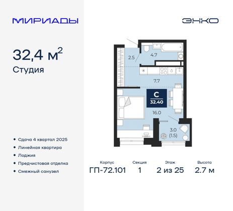 32,4 м², студия, 2/25 этаж