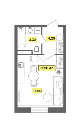 Продажа квартиры-студии 26,5 м², 4 этаж