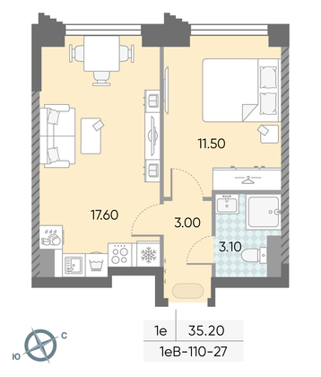 Продажа 1-комнатной квартиры 35,2 м², 27/58 этаж