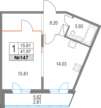 42 м², 1-комн. квартира, 6/19 этаж