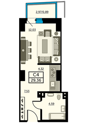 29,9 м², студия, 7/27 этаж