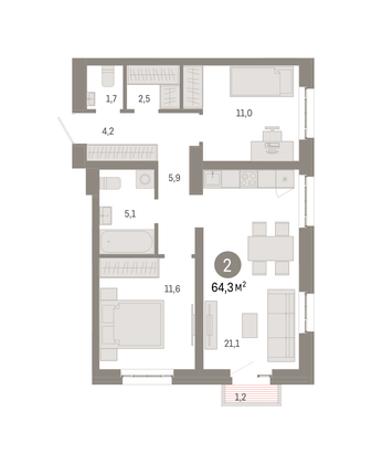 Продажа 2-комнатной квартиры 64,3 м², 8/16 этаж