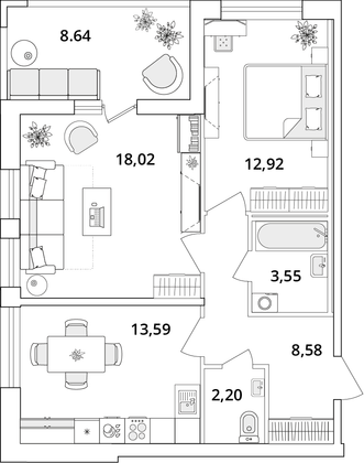 63,2 м², 2-комн. квартира, 1/18 этаж