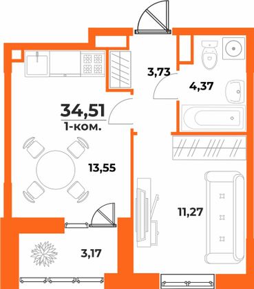 34,5 м², 1-комн. квартира, 1/10 этаж