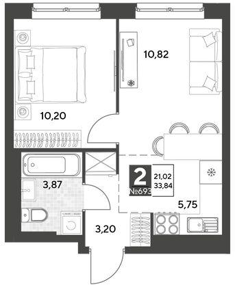 Продажа 2-комнатной квартиры 33,8 м², 11/25 этаж