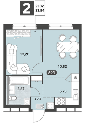 Продажа 2-комнатной квартиры 33,8 м², 11/25 этаж