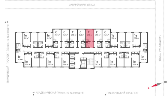 21 м², студия, 22/25 этаж