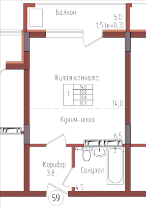 30,3 м², 1-комн. квартира, 8/9 этаж