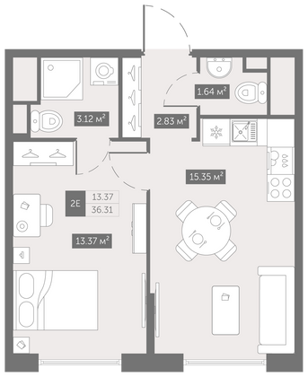 36,3 м², 1-комн. квартира, 2/10 этаж