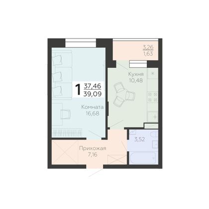 Продажа 1-комнатной квартиры 39,1 м², 7/18 этаж