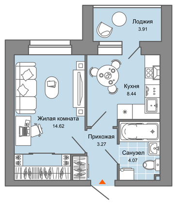 33 м², 1-комн. квартира, 5/8 этаж