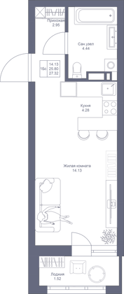 27,3 м², студия, 9/22 этаж