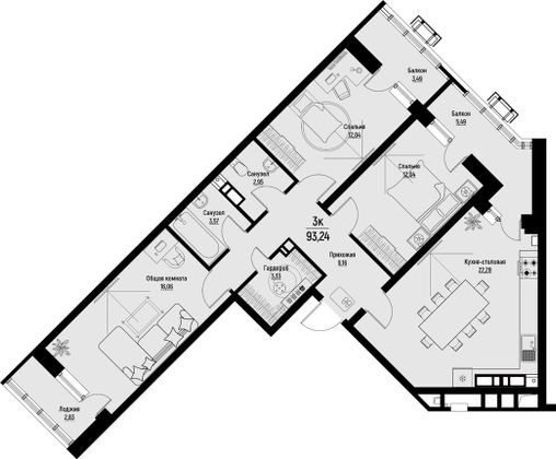 93,2 м², 3-комн. квартира, 3/12 этаж