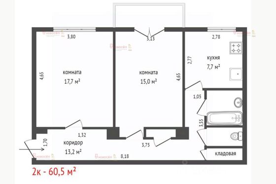 Продажа 2-комнатной квартиры 61 м², 3/5 этаж