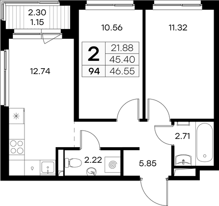 46,5 м², 2-комн. квартира, 7/9 этаж