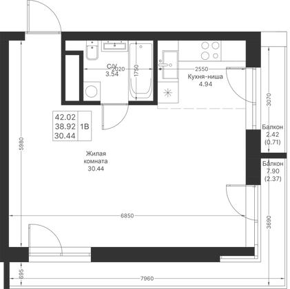 Продажа квартиры со свободной планировкой 42 м², 12/25 этаж