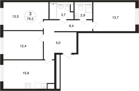 76,2 м², 3-комн. квартира, 3/9 этаж