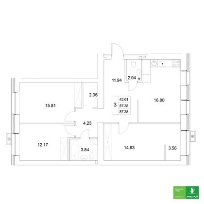 87,4 м², 3-комн. квартира, 5/10 этаж