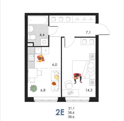 38,6 м², 2-комн. квартира, 2/6 этаж