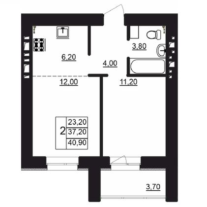 40,9 м², 2-комн. квартира, 10/12 этаж