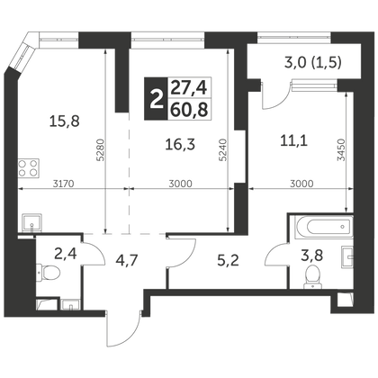 60,8 м², 2-комн. квартира, 26/47 этаж