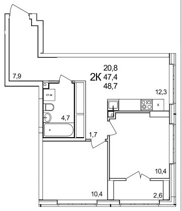 Продажа 2-комнатной квартиры 48,7 м², 24/26 этаж