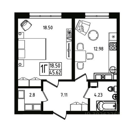 Продажа 1-комнатной квартиры 45,6 м², 10/16 этаж