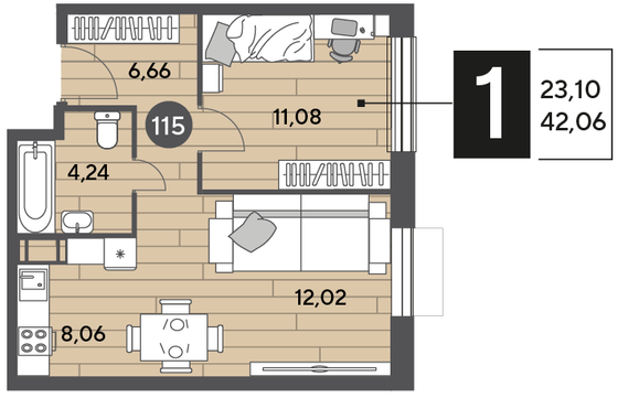 Продажа 1-комнатной квартиры 42,1 м², 6/10 этаж