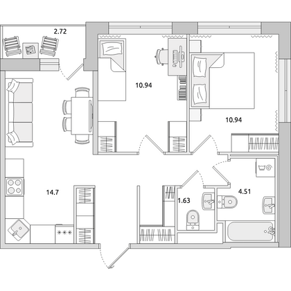 Продажа 2-комнатной квартиры 55,5 м², 3/15 этаж