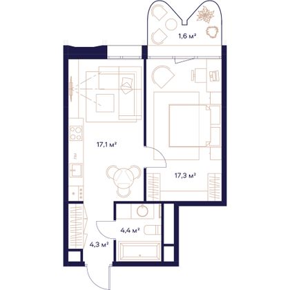 44,7 м², 1-комн. квартира, 19/23 этаж