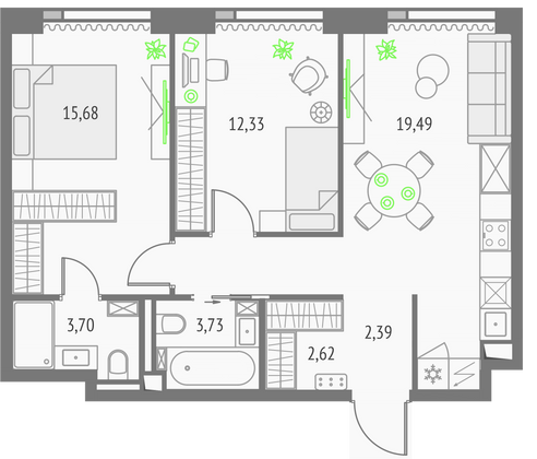 63,5 м², 2-комн. квартира, 16/57 этаж