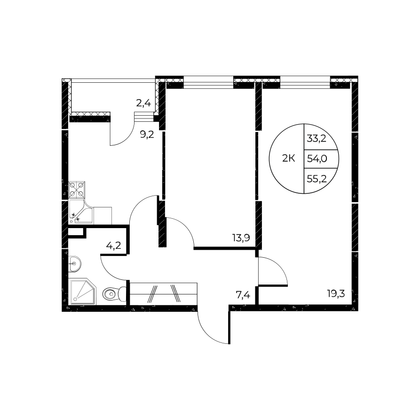 55,2 м², 2-комн. квартира, 2/25 этаж