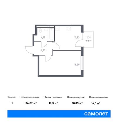 36,1 м², 1-комн. квартира, 13/15 этаж