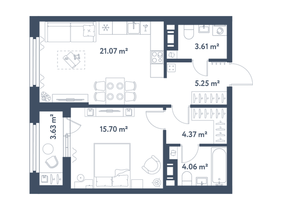 55,9 м², 1-комн. квартира, 9/11 этаж