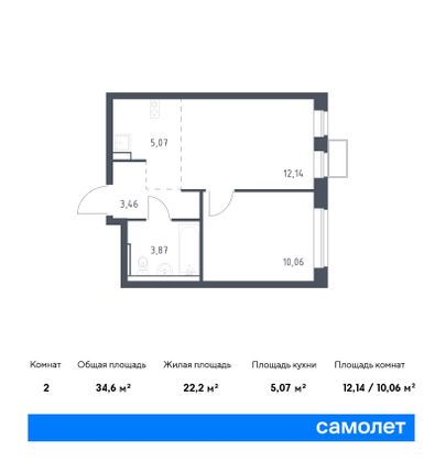 34,6 м², 1-комн. квартира, 6/12 этаж