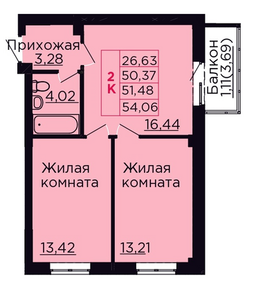 51,5 м², 2-комн. квартира, 5/9 этаж