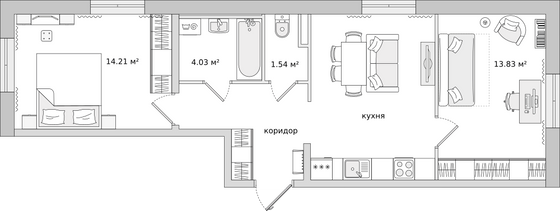 57,3 м², 2-комн. квартира, 1/21 этаж