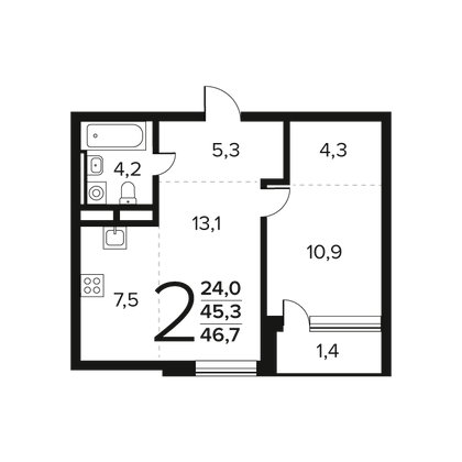 Продажа 2-комнатной квартиры 46,7 м², 5/12 этаж