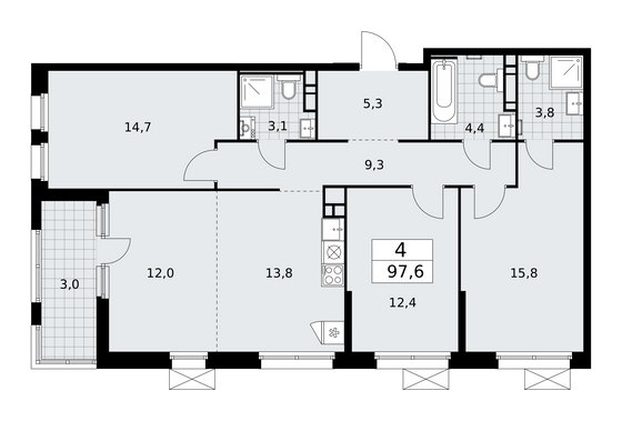 97,6 м², своб. планировка, 11/17 этаж