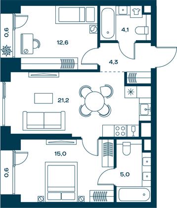 63,4 м², 2-комн. квартира, 16/29 этаж