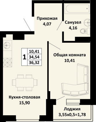 36,3 м², 1-комн. квартира, 2/4 этаж