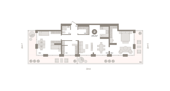 175,4 м², 2-комн. квартира, 7/7 этаж