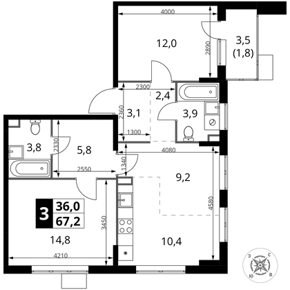 67,2 м², 3-комн. квартира, 9/11 этаж