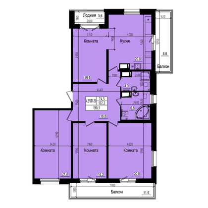 130,1 м², 4-комн. квартира, 18/23 этаж